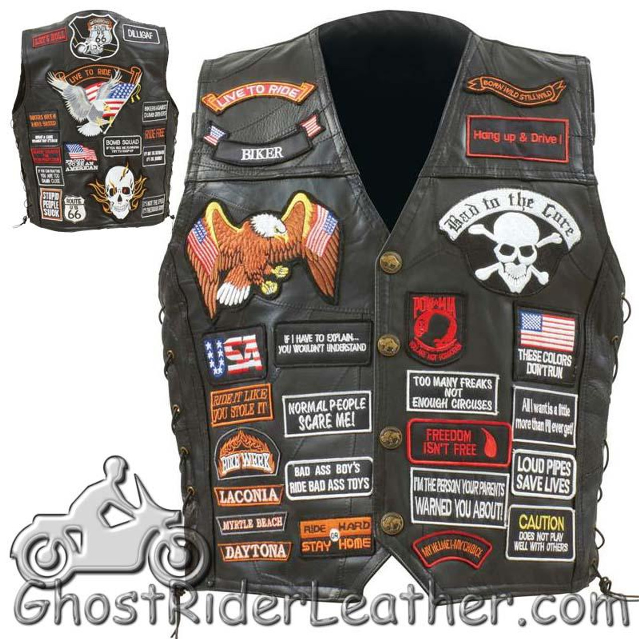 Patchwork Leather Vest - Men's - 42 Patches - Biker - GFVBIK42-BN