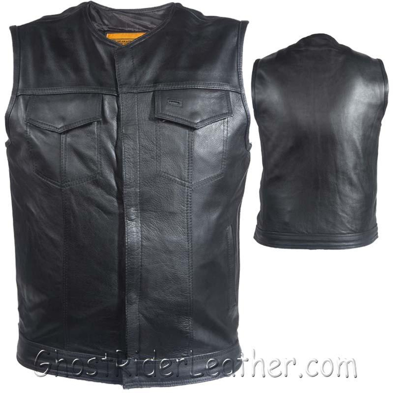 Mens Leather Motorcycle Club Vest with Zipper and No Collar / SKU  MV8008-ZIP-SS-DL