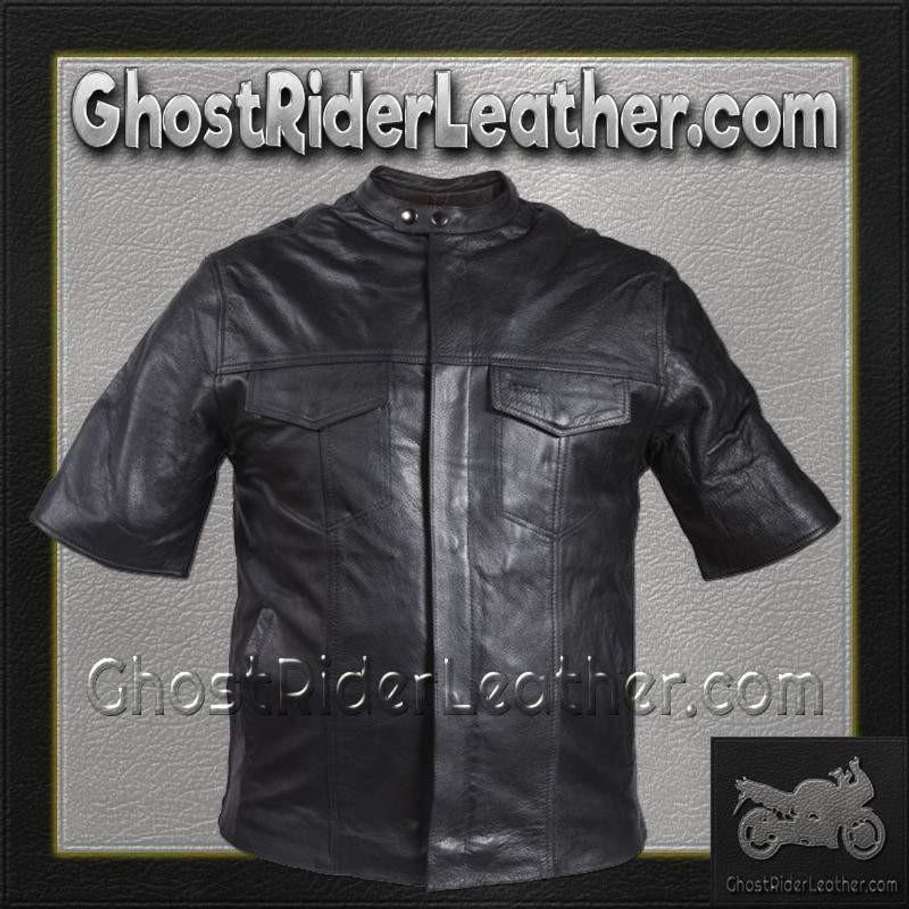 Men's Real Black Leather Jacket with Short Standing Collar