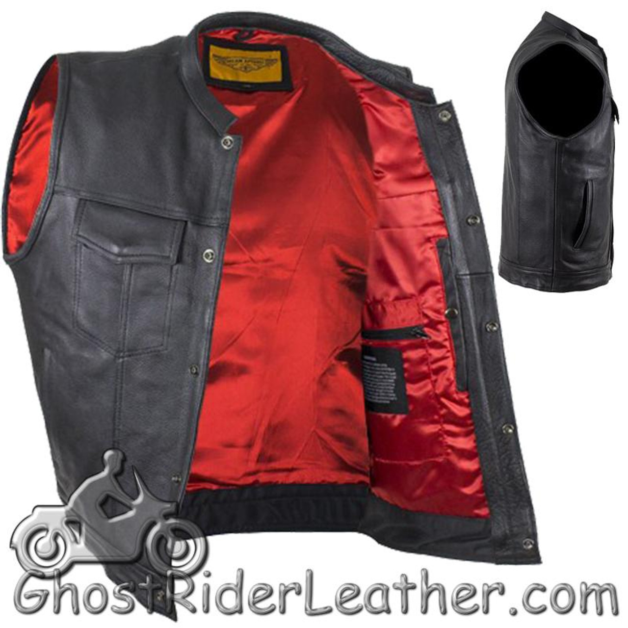 Men`s Motorcycle Biker Red Vest Genuine Cowhide Leather Black