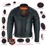 Men's Leather Motorcycle Jacket - Side Laces - Ventilated - Gun Pockets - DS777-DS