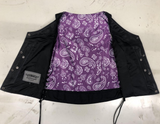 Leather Motorcycle Vest - Women's - Purple Paisley Lining - Side Laces - 6890-17-UN