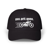 Dad Cap — 'gas.grit.gone.' - Embroidered Baseball Hat - Motorcycle in Motion - Biker - Color Choice