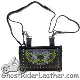 Leather Belt Bag - Lime Green Flying Skull Design - Handbag - BAG35-EBL10-LIME-DL