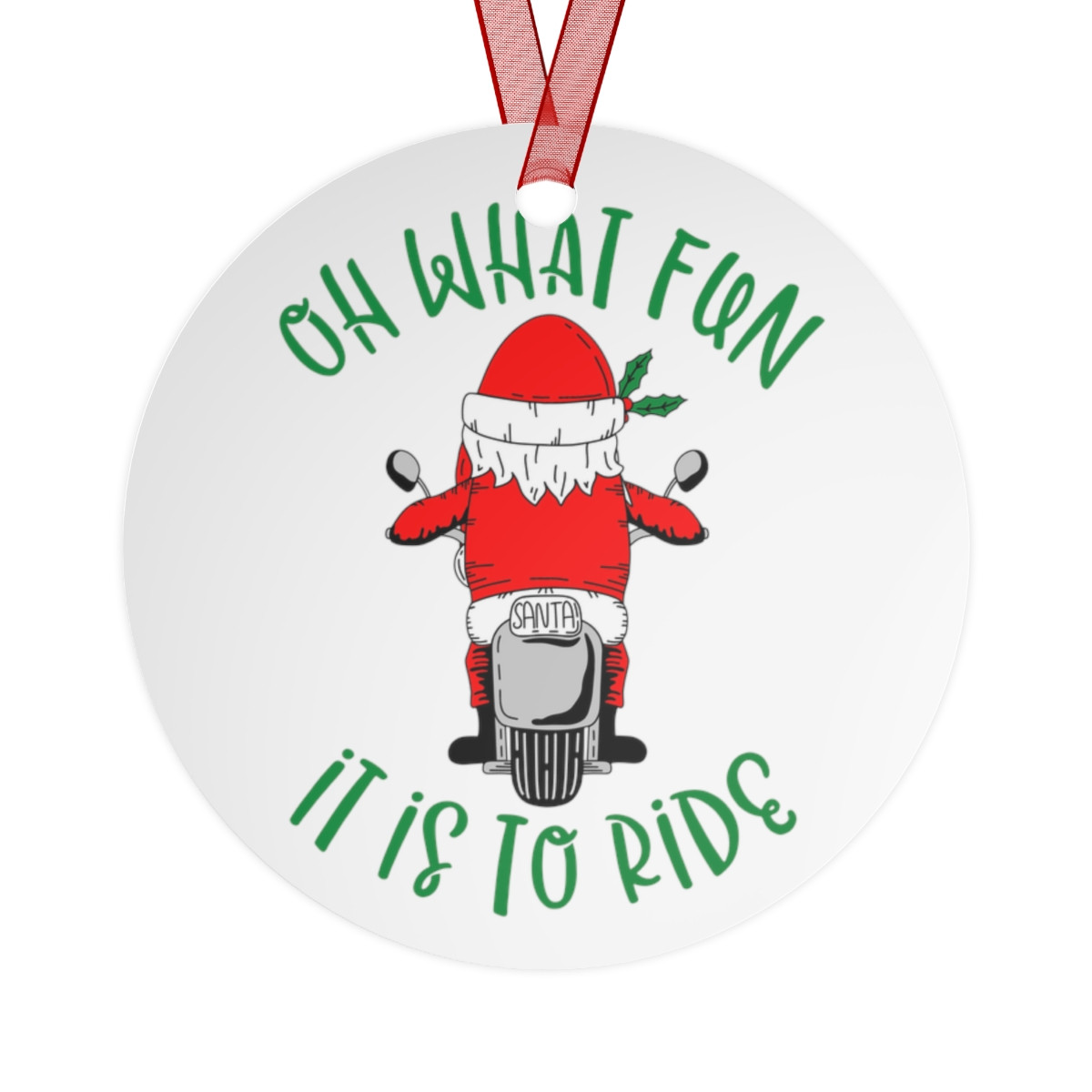 Christmas Ornament Santa Motorcycle Red Green Round Metal