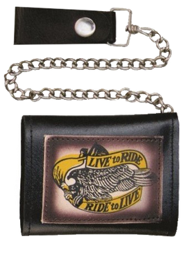 4 inch Black Leather Chain Wallet with Live To Ride - Tri-fold - SKU AL3273-AL