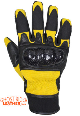 Leather Gloves - Men's - Full Finger - Knuckle Protector - Yellow - GLZ108-YELLOW-DL