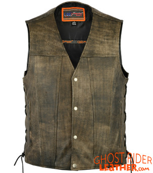 Leather Motorcycle Vest - Men's - Antique Brown - Up To Size 8XL - Side Laces - Big and Tall - DS107-DS