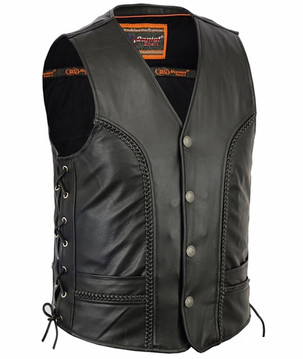Leather Motorcycle Vest - Men's - Gun Pockets - Braided - Up To 6XL - DS131-DS