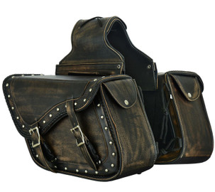 Saddlebags - Leather - Distressed Brown - Studs - Motorcycle Luggage - SD4065-12N-DL