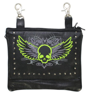Leather Belt Bag - Lime Green - Gun Pocket - Flying Skull Design - Handbag - BAG36-EBL10-LIME-DL