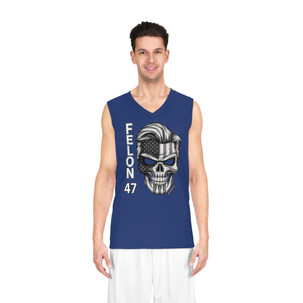 Felon 47 - Skull with American Flag - Grayscale - Donald Trump's Iconic Hair - Eyebrows - Blue - Basketball Jersey