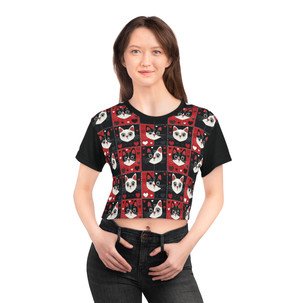 Cats and Hearts in Squares Pattern - Red White Black - Cropped T-shirt - Crop Tee