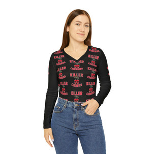 Killer Cherries Pattern 100 - Pair of Skull Cherries - Red on Black - Women's Long Sleeve V-neck Shirt - Tee