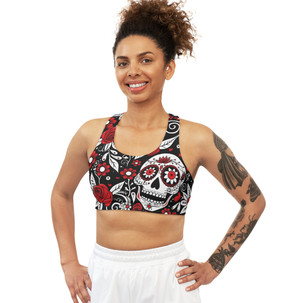 Sugar Skull - Roses Pattern - Red and White on Black - Seamless Sports Bra