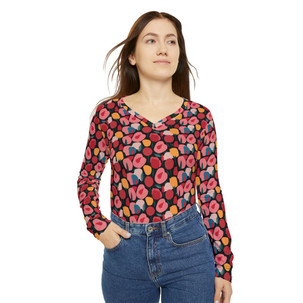Pink Modern Stylized Roses Pattern - Pink Red Yellow on Black - Women's Long Sleeve V-neck Shirt - Tee
