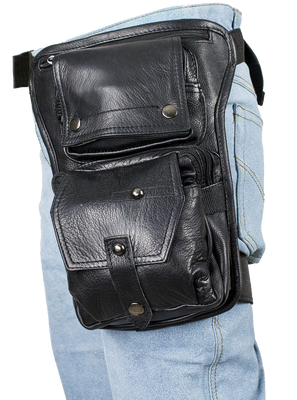 Black Leather Multi Pocket Thigh Bag with Gun Pocket - SKU AC1025-11-DL