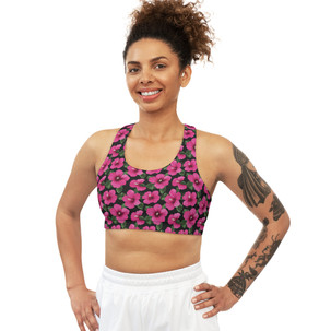 Hawaiian Hibiscus Flower Pattern - Tropical Pink Green Black - Seamless Sports Bra 
