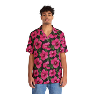 Hawiian Hibiscus Flower Pattern - Tropical Pink Green Black - Men's Hawaiian Shirt