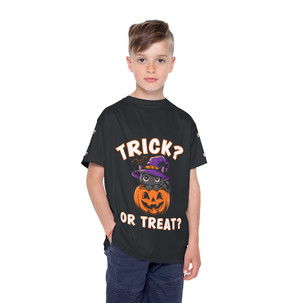 Trick? Or Treat? - Cat on Jack-o-Lantern Pumpkin - Witches Hat - Black T-Shirt - KiRC Sports Jersey