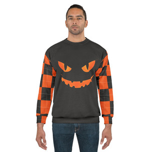 Scary Halloween Costume Jack-O-Lantern - Orange Glow - Checked Sleeves Back - Unisex Sweatshirt