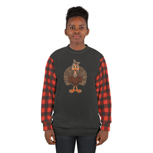 Black and Red Buffalo Check on Sleeves - Turkey With Leopard Print Feathers - Unisex Sweatshirt