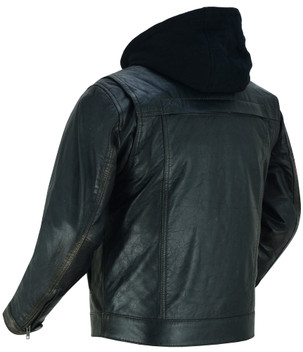 Leather Motorcycle Jacket - Men's - Hoodie - Distressed - Black - Up To 5XL - DS782-DS
