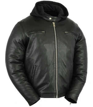 Leather Motorcycle Jacket - Men's - Hoodie - Sporty Cruiser - Up To 6XL - DS717-DS