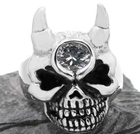 Diamond Eye Skull with Horns - Stainless Steel - Biker Jewelry - Motorcycle Ring - R190-DS