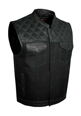 Leather and Denim Vest - Men's - Motorcycle Club - Green Thread - Up To 64 - MV78024-DP-GRNT-BD-DL