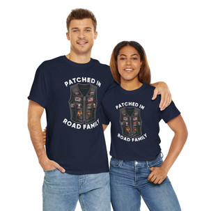 Patched In Road Family - Vest with Biker Patches - Motorcycle T-Shirt - Choice of Colors - Unisex Tee.