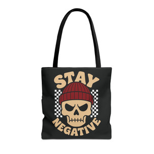 Biker Tote Bag - Stay Negative - Skull Wearing Beanie - Checkerboard