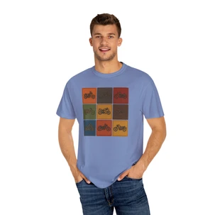 Unisex Garment-Dyed T-shirt - Comfort Colors 1717 - 9 Motorcycles in a Grid - Leather and Stitch Patch Look