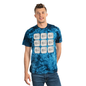 Crystal Tie-Dye Tee - Relaxed Style- 9 Sardine Skeleton Cans in a Grid - Leather and Stitch Patch Look