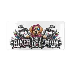 Vanity Plate - "Biker Dog Mom" Chrome Motorcycle - Golden Retriever - License Plate