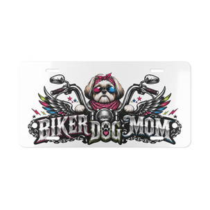 Vanity Plate - "Biker Dog Mom" Chrome Motorcycle - Shih Tzu - License Plate