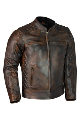 Leather Motorcycle Racer Jacket - Men's - Cool Diamond Pattern - Brown - T-MJ821-24N-DL