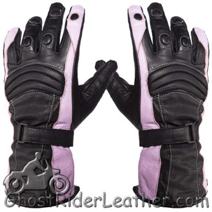 Ladies Leather Gauntlet Gloves in Pink and Black With Padded Knuckles - SKU GLZ60-PINK-DL