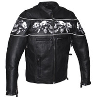 Racer Leather Jacket - Men's -  Reflective Skulls - Concealed Carry Pockets - MJ825-DL