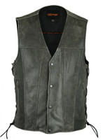 Leather Motorcycle Vest - Men's - Gray - Gun Pockets - Side Laces - Up To 8XL - DS105V-DS