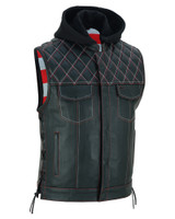 Leather Motorcycle Vest - Men's - Road Edge - USA Flag Liner - Hoodie - Up To 8XL - Highway Bound - RC194-RC