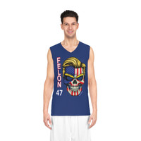 Felon 47 - Skull with Embedded American Flag - Donald Trump's Iconic Hair - Eyebrows - Blue - Basketball Jersey