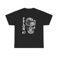 Felon 47 - Skull with Embedded American Flag - Grayscale - Trump's Iconic Hair - Eyebrows - Unisex Heavy Cotton Tee