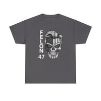 Felon 47 - Skull with Embedded American Flag - Grayscale - Trump's Iconic Hair - Eyebrows - Unisex Heavy Cotton Tee