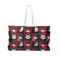 Cats and Hearts in Squares Pattern - Red White Black - Weekender Bag - Tote.