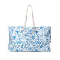 Blue Outlined Floral Pattern 110 - White Bag - Weekender Bag - Tote