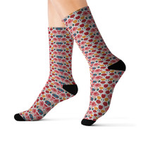 Pink Modern Stylized Roses Pattern - Pink Red Yellow on White - Footwear - Sublimation Socks.