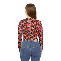 Pink Modern Stylized Roses Pattern - Pink Red Yellow on Black - Women's Long Sleeve V-neck Shirt - Tee