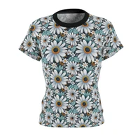 Aqua Daisies Pattern - Aqua and White on Black - Women's Cut & Sew Tee - T-Shirt