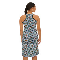 Aqua Daisies Pattern - Aqua and White on Black - Women's Racerback Dress